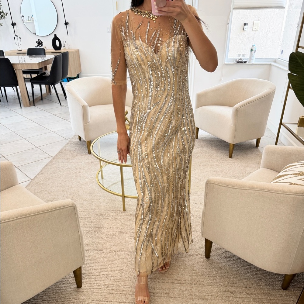Zola Keller Custom Beaded Evening Gown – Champagne & Silver – Size 4